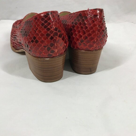 Vintage 90s Loafers Red Snakeskin and Leather Chunky Heel Square Toe Shoes Mare - Picture 5 of 8